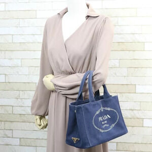 Prada Handbag Tote Shoulder Canapa Canvas Bag Navy Blue
